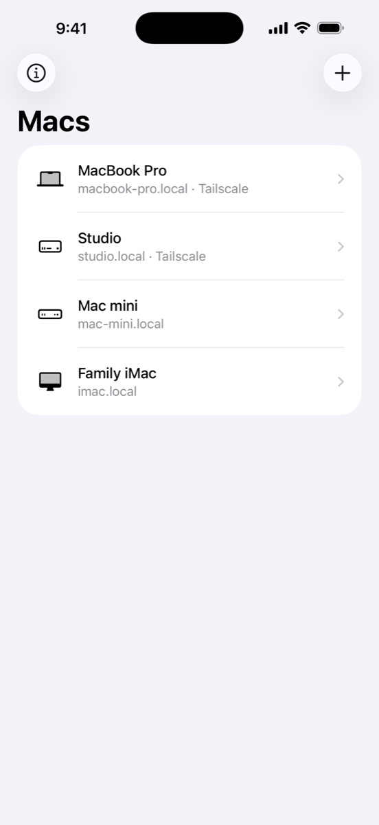 Screen Door's list of Macs on iPhone, with a MacBook Pro, Studio, Mac mini and iMac