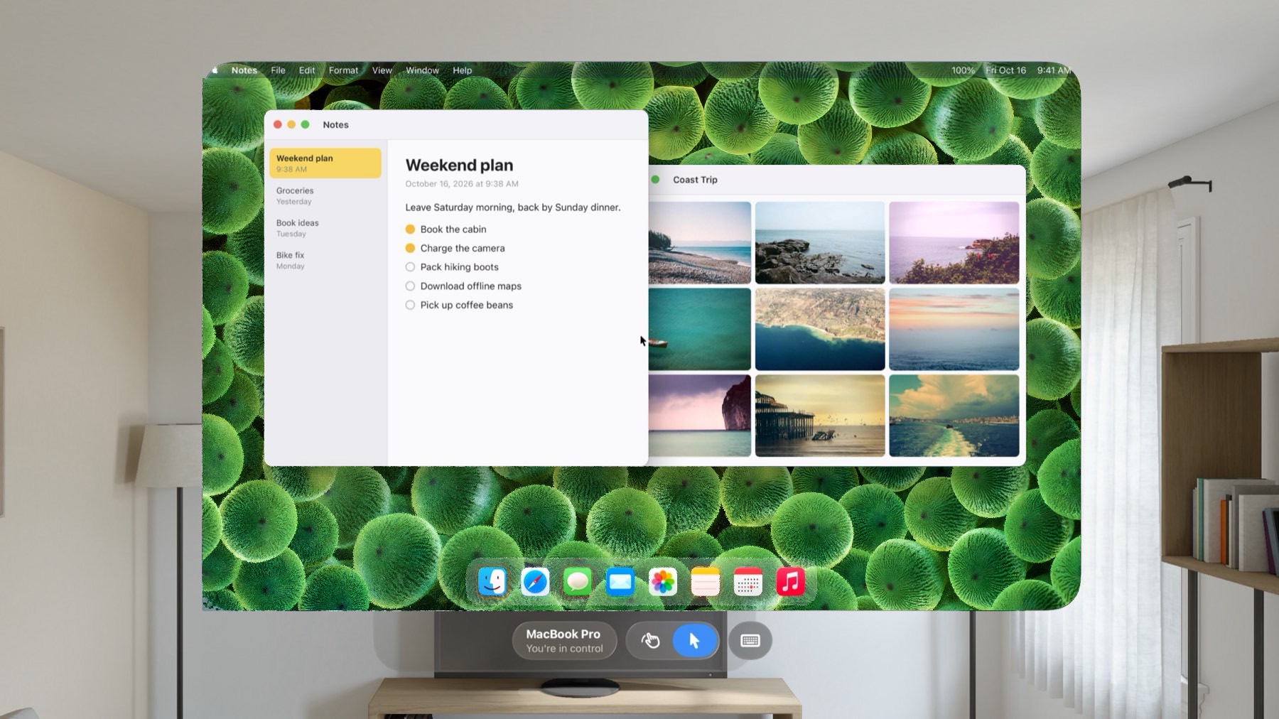A Mac's desktop floating in a living room on Apple Vision Pro